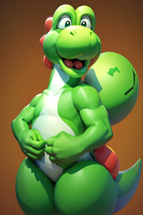 A green dinosaur, a character from Mario Bros, is happy
