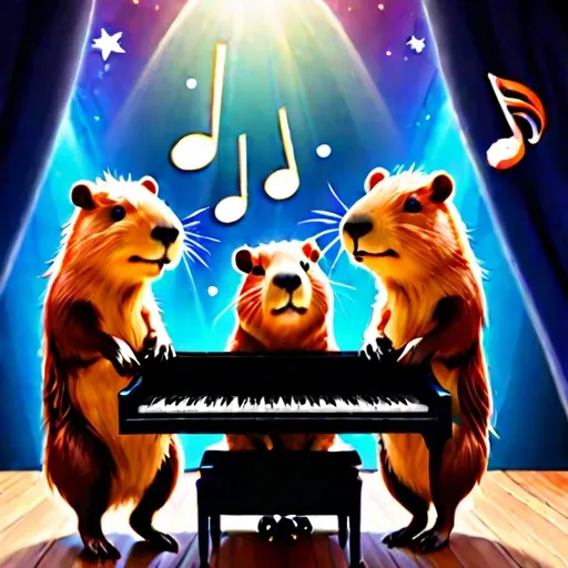 star space below huddled cute capybaras cutecapybara with piano and musical notes