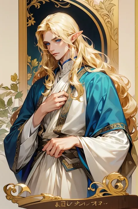 Highest quality, HD. A male elf with blond hair and blue eyes, long wavy hair, fair skin, very beautiful and handsome, noble, and gorgeously dressed.