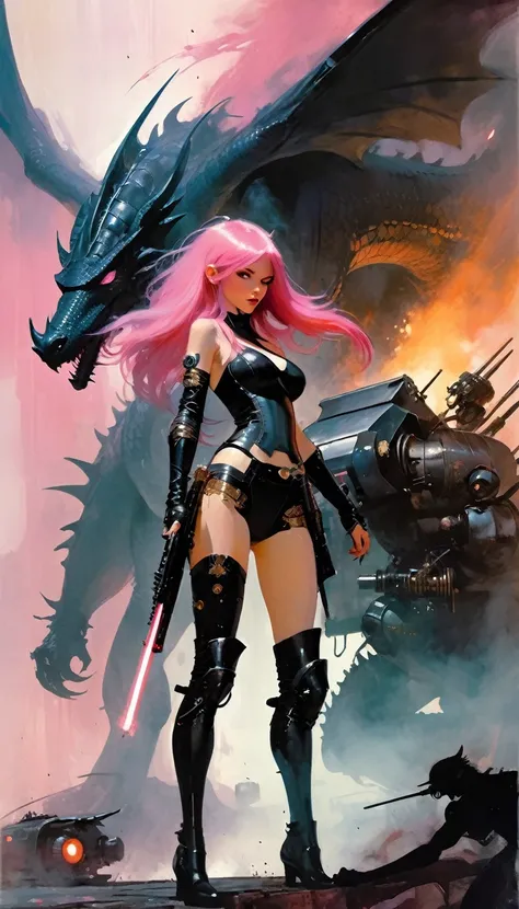 Sexy warrior girl with black steampunk armor, long pink hair, with a big futuristic shotgun, in a battle next to a robotic dragon, fierce battle, dense fog, fire, (simple oil painting in a style to Bill Sienkiewicz)
