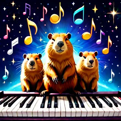 star space below huddled cute capybaras cutecapybara with piano and musical notes