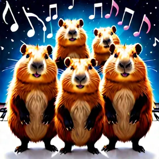 star space below huddled cute capybaras cutecapybara with piano and musical notes