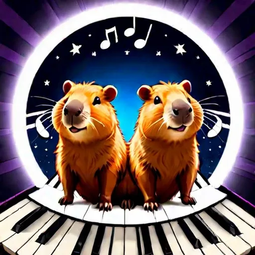 star space below huddled cute capybaras cutecapybara with piano and musical notes