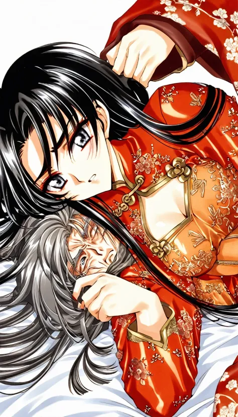 Beautiful 15 year old Chinese Kung Fu girl princess with short black hair　Gorgeous embroidery, Ultra glossy, She is wearing shiny red long sleeve floral pajamas....　She is laid down on a red enamel futon and writhes in agony as an old man holds her.