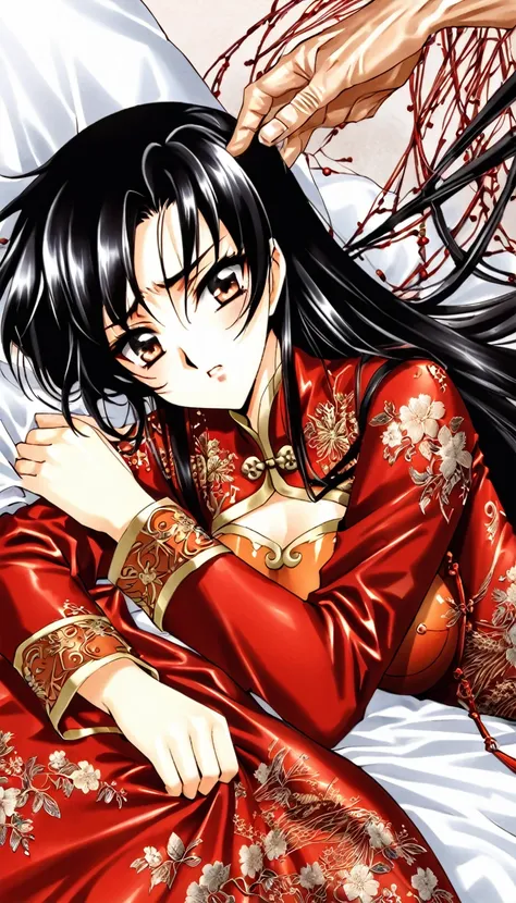 Beautiful 15 year old Chinese Kung Fu girl princess with short black hair　Gorgeous embroidery, Ultra glossy, She is wearing shiny red long sleeve floral pajamas....　She is laid down on a red enamel futon and writhes in agony as an old man holds her.