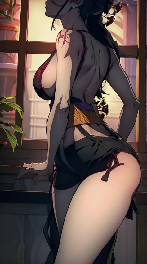 One Demon Girl, is looking at the camera, Beautiful waist, Hands Behind Your Back, sexypose, handsome body (Correct anatomy), stands leaning forward, Keeps his hands behind his back, sexy japanese clothes, Japanese style clothes, demon geisha, beautiful bo...