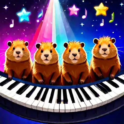 star space below huddled cute capybaras cutecapybara with piano and musical notes