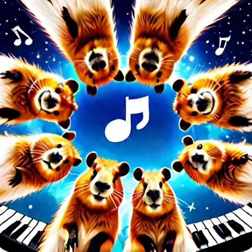 star space below huddled cute capybaras cutecapybara with piano and musical notes