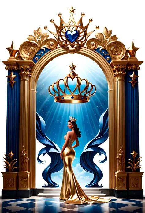 A mesmerizing 3D rendering of the “Miss Latina Tampa” logo, exuding vintage charm and sophistication. The luxurious gold and blue font is elegantly written, adorned with a shiny silver crown, elegant gold stars, and hearts. The shimmering, majestic letteri...