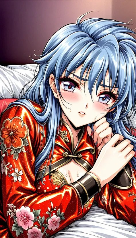 Beautiful 15 year old Chinese Kung Fu girl princess with short blue hair　Gorgeous embroidery, Ultra glossy, She is wearing shiny red long sleeve floral pajamas....　She has rough sex with an old man on a red enamel futon