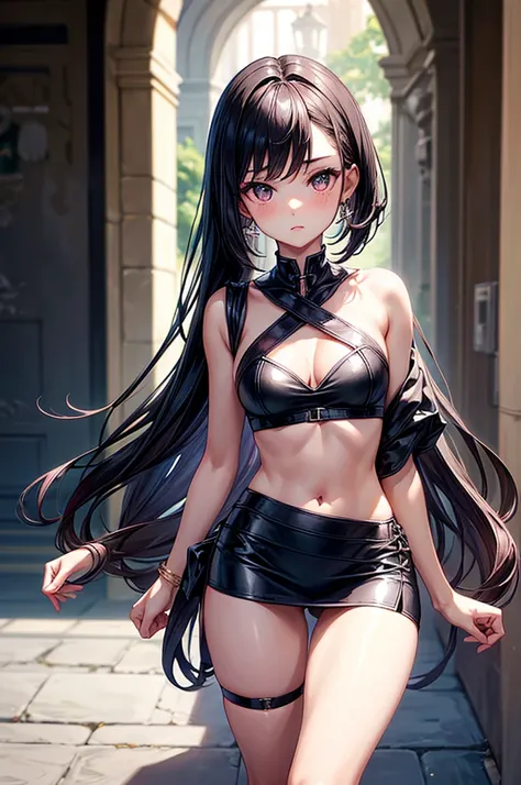 (crisscross bikini crop top, miniskirt, thigh high pantihose ),gorgeous, masterpiece, best quality, high-resolution, finely detailed, extremely detailed and beautiful, distinct-image, 1 girl, 16 year old teenager, solo, sharp facial features, oval shaped f...