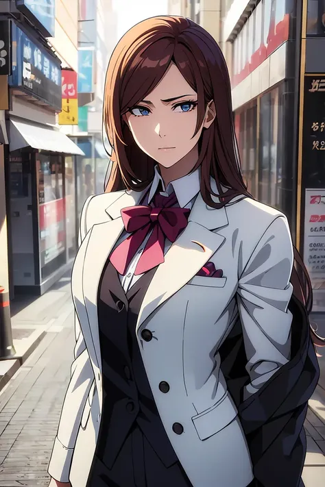 A high resolution, ultra detailed, HDR, masterpiece, very detailed face and eyes, confident expression, young woman, business style, trousers, long wheat hair, 18 years, Squint, adult face, creative hairstyle, beautiful makeup with arrows, anime style toky...