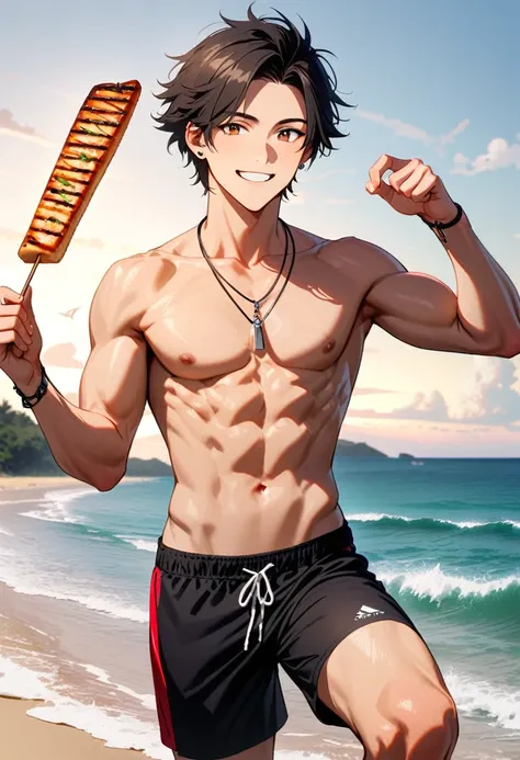 A young man, 22-years-old, solo, Caucasian, masculine face, muscular, shaggy tousled black hair, brown eyes, cheerful smile, mouth open, no shirt, shirtless, black swimming trunks, thin silver necklace, small silver earrings, beach, holding a grilled squid...