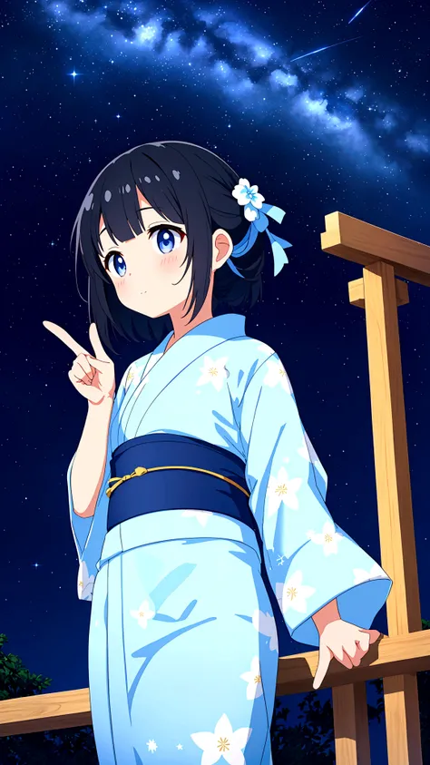 A black-haired girl pointing at the starry sky of Tanabata。She is wearing a light blue yukata with a summery blue and white pattern.、Distant starry sky。A girl in the distance。