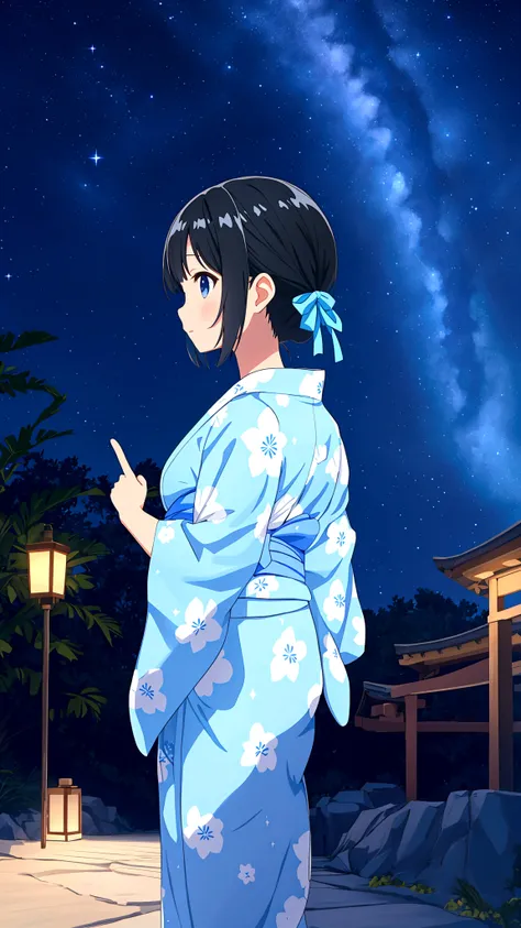 A black-haired girl pointing at the starry sky of Tanabata。She is wearing a light blue yukata with a summery blue and white pattern.、Distant starry sky。A girl in the distance。