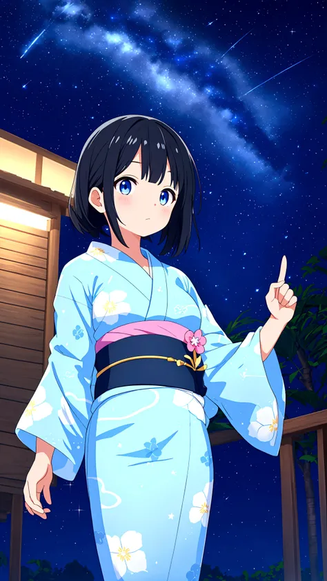 A black-haired girl pointing at the starry sky of Tanabata。She is wearing a light blue yukata with a summery blue and white pattern.、Distant starry sky。A girl in the distance。