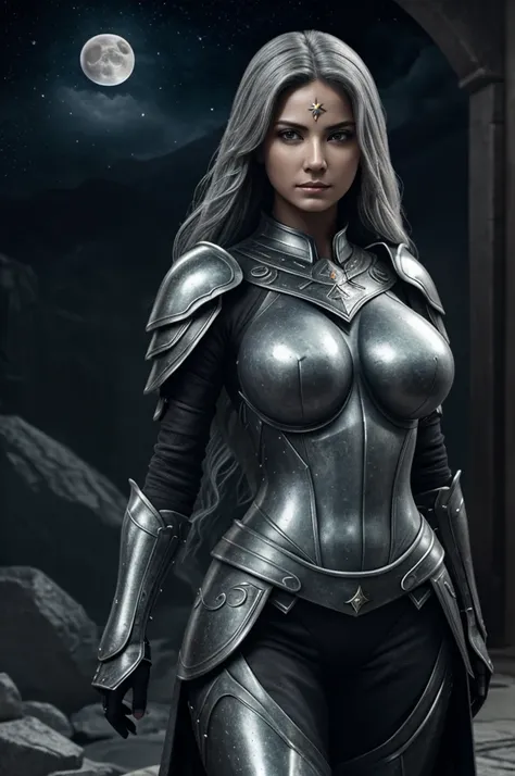 Masterpiece, Very detailed, Ultra-detailed, One, stone-woman - stone skin and body, medium gray hair, dark eyes and womens stone armor, with huge breasts and around the moon and stars, terrible and terrifying atmosphere