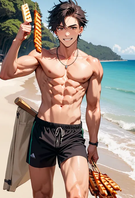 A young man, 22-years-old, solo, Caucasian, masculine face, muscular physique, shaggy tousled black hair, brown eyes, cheerful smile, mouth open, no shirt, shirtless, black swimming trunks, thin silver necklace, small silver earrings, beach, holding a gril...