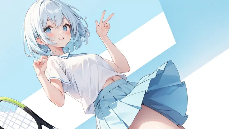 raised eyes,Light blue short hair,tennis skirt,white blouse,Profile photo pose,smiling face