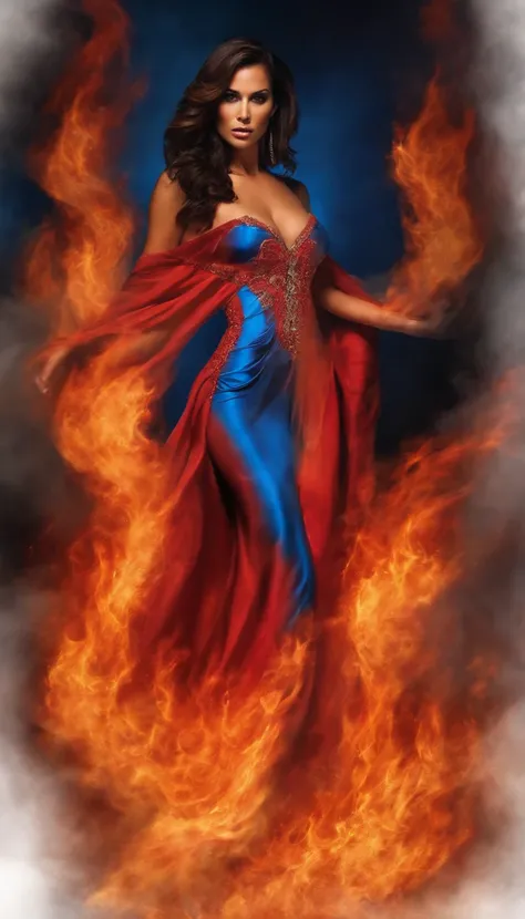 magic, Adult Latina model Daisy Marie, she is a fire elemental her body completely composed of Red and blue fire. flames dance around her body threatening to burn anybody that gets too close.