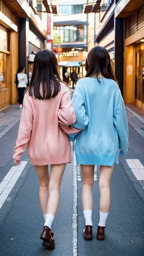 A Snapchat photo of two Japanese schoolgirls wearing cardigan , showing off their legs in the style of cute anime girls, taken from behind them as they walked past each other at an outdoor shopping mall. 