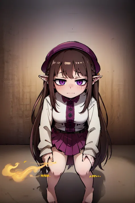 Witch Hat (Brown Hair) Long Hair (((Small breasts))) (Purple Eyes) (((child))) (Slanted Eyes) (((low length))) ,(Turn around)  (((solo))),  Embarrassed,  blush, uniform、Im pulling up my skirt (((A girl farts)))Standing with legs together
、(Holding on)((Her...