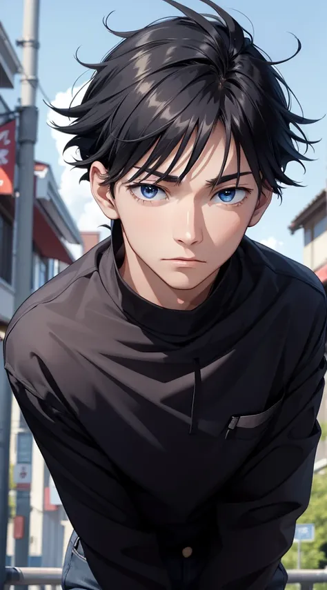 (masterpiece, best quality:1.2), (hyperdetailed face), (Super well-formed face), close up, face focus, solo, male focus, 1boy, megumi fushiguro, 15-years-old, black hair, dark blue eyes, beautiful pupils, beautiful detailed eyes, black shirt, long sleeves,...