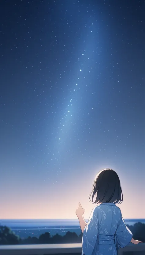 A black-haired girl pointing at the starry sky of Tanabata。She is wearing a light blue yukata with a summery blue and white pattern.、Distant starry sky。A girl in the distance。