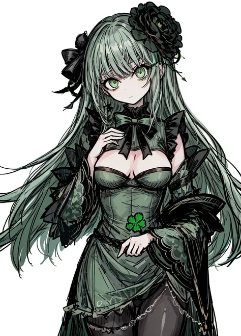 1girl, green eyes, gray hair, green clover, green maiden, black flower on her head, beautiful clothes, (high resolution, high de...