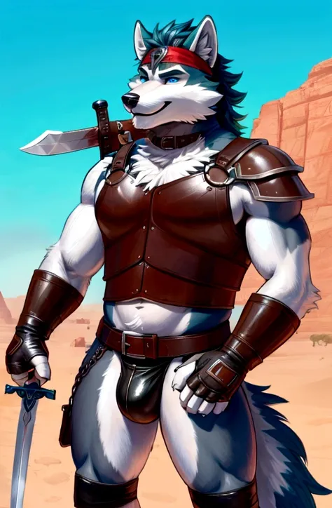 Sexy furry anthro wolf male warrior, headband shagy shag hairs, old worn out skimpy leather brown armament, low on hips heavy leather belt with old worn out skimpy brown leather jockstrap, leather heavy harness armor skimpy breastplate, leather bondages, f...