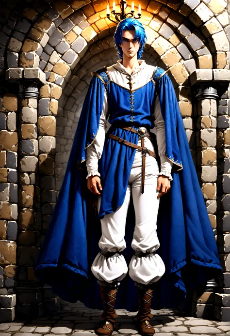 (masterpiece, Best quality, 32 thousand.), (((facing the viewer, full height))), ((full body)), ((teenage man)) with blue hair , ((Blue eyes)), ((medieval classic costume, Fantasy)), ( White pants )