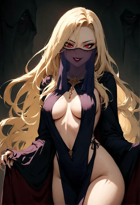 woman, cultist, long blond hair, mouth veil, perfect body, evil smile,  cultist cloak, seductive,cowboy shot, cultist clothes