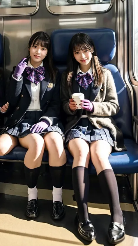 Photo of two adult Japanese high school students wearing leather shoes, duffle coats and shiny black leather gloves.High school girl panty shot,Inside the train,Voyeur,Thick makeup face,Highly detailed face, Both of them have beautiful legs crossed..Smelly...