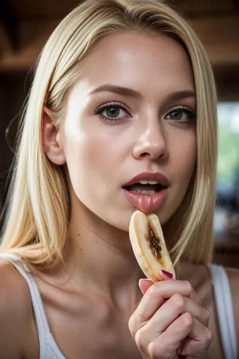 Blonde woman eating a banana with a bite taken out of it, Anna Nikonova aka Newmilky, about to consume you, young and cute girl, pleasant, BANANA, 1614572159,  girl, she is eating a peach, Alexa Grace, sexy girl, Attractive young woman, barbarian hammer 4k...