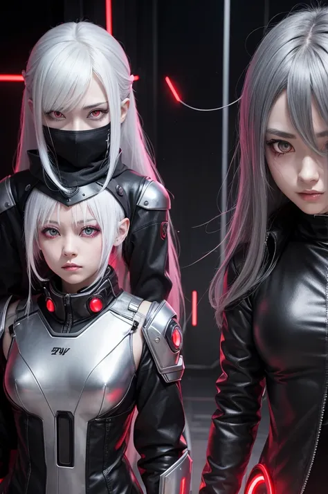 anime girls, one older with platinum hair and deep gray eyes and the other younger with black hair and red eyes,Partially metallic cyberpunk demon mask, devil&#39;s mouth mask, , Beautiful attention to detail, very detailled顔, long eyelashes, neckleace, Be...