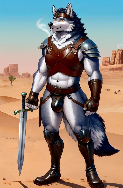 Sexy furry anthro wolf male warrior, headband shagy shag hairs, old worn out skimpy leather brown armament, low on hips heavy leather belt with old worn out skimpy brown leather jockstrap, leather heavy harness armor skimpy breastplate, leather bondages, f...