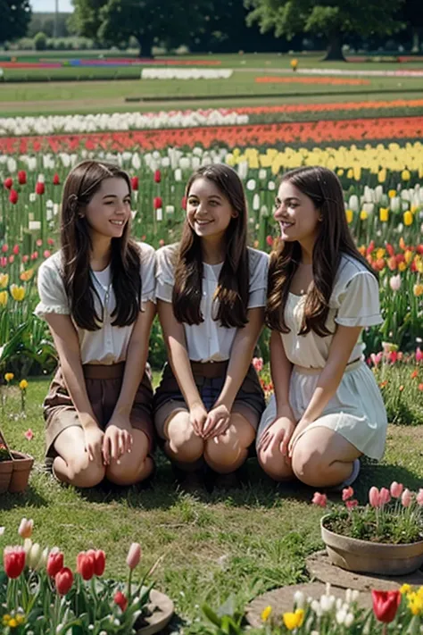 A beautiful huge field with tulips of different colors and three girls there, picking flowers