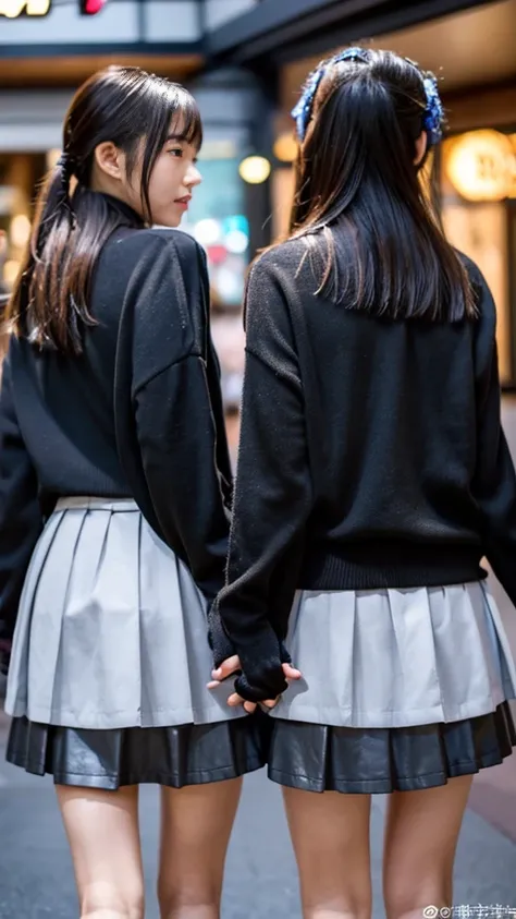 A Snapchat photo of two Japanese schoolgirls wearing black cardigan,Wearing luxurious thin black leather gloves on both hands, she invites the photographer in. ,Ultra Mini Skirt,Ultra-detailed face, showing off their legs in the style of cute anime girls, ...