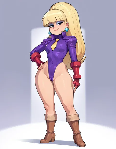 masterpiece,best quality, highly detailed, score_9, score_8_up, score_7_up, score_6_up,BREAK
 pacifica, 1girl, solo, blonde hair, gloves, jewelry, earrings, long hair,  bangs, blunt bangs, hand on hip, smile,looking at viewer, ponytail, makeup, style parod...