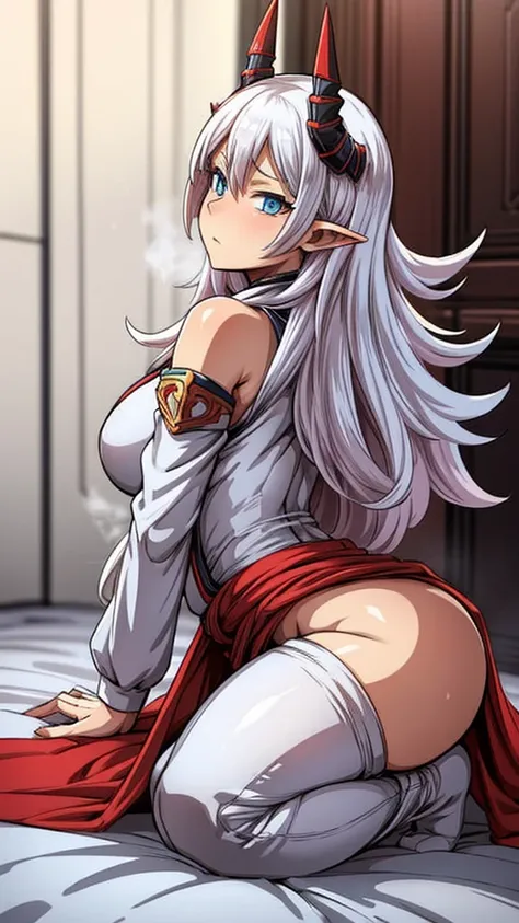 -Anime style- -High quality- -artwork- A beautiful woman, long white hair, bright blue eyes, red horns, tall body or build, with normal ears, VERY large breasts, butt big, wide waist, dressed in angelic or god clothes, angelic long pants, super giant body,...