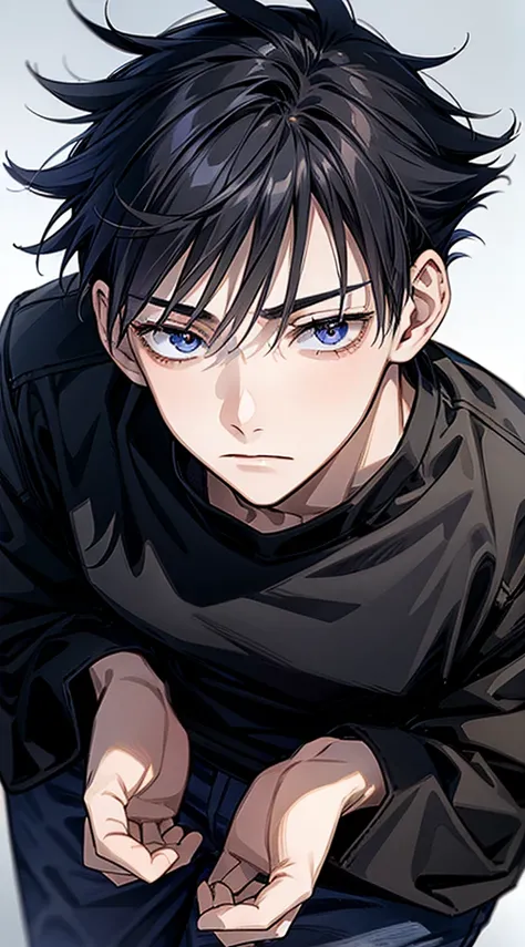 (masterpiece, best quality:1.2), (hyperdetailed face), (Super well-formed face), close up, face focus, solo, male focus, 1boy, megumi fushiguro, 15-years-old, black hair, dark blue eyes, beautiful pupils, beautiful detailed eyes, black t-shirt, black denim...