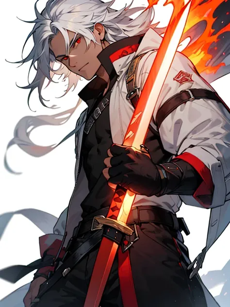 ((best quality)), ((artwork)), (detailded), 1 boy with long white hair and red eyes and fire sword 