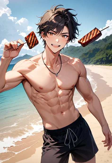 A young man, 22-years-old, solo, Caucasian, masculine face, muscular physique, shaggy tousled black hair, brown eyes, cheerful smile, mouth open, no shirt, shirtless, black swimming trunks, thin silver necklace, small silver earrings, beach, holding a skew...