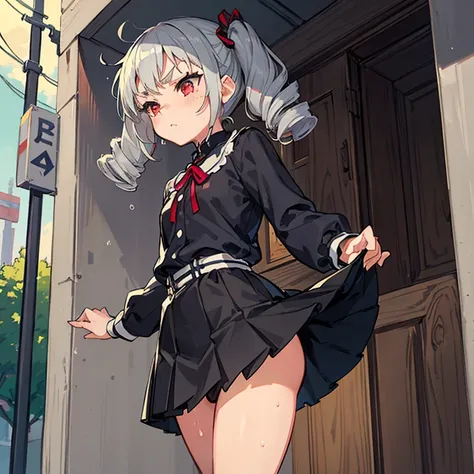 Young girl with grey hair, ((fringed and curly hair)),((curly short twintail)), curly hair ,(red eyes),, ((small bushy eyebrows)), wearing gothic lolita clothing, lolicon , walking to school, bored look, bored face, , lifting her skirt to show her vagina w...