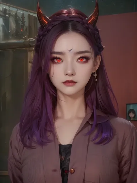 a close up of a woman with horns and a purple hair, (red eyes:1.5) , dark piercing eyes, devious evil expression, character close up, piercing gaze, ( ( deep black eyes ) ), cat - like scarlet eyes, cruel korean goth girl, with long hair and piercing eyes,...