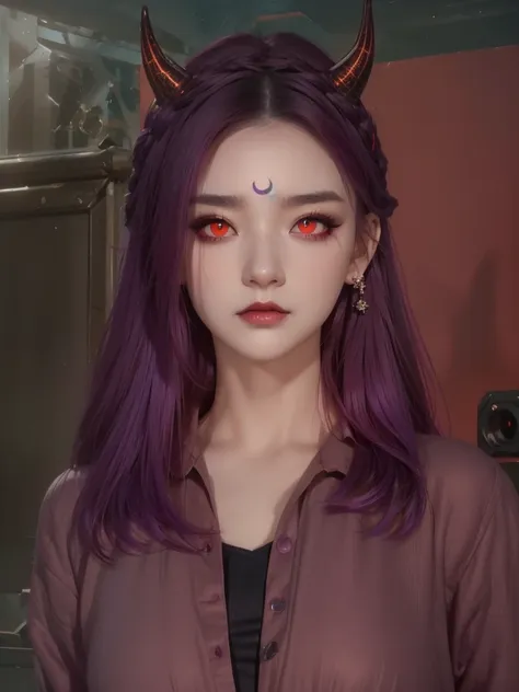 a close up of a woman with horns and a purple hair, (red eyes:1.5) , dark piercing eyes, devious evil expression, character close up, piercing gaze, ( ( deep black eyes ) ), cat - like scarlet eyes, cruel korean goth girl, with long hair and piercing eyes,...