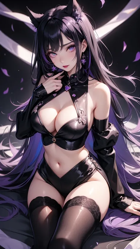 ((anime girl with black hair fading into purple)), long hair, 1girl, (multicolored hair), formal wear, tuxedo, no pants, tight thigh highs, black thigh highs, mommy, mature, milf, sexy hair, professional hair, CEO, pussy, vagina, (nsfw) not safe for work, ...