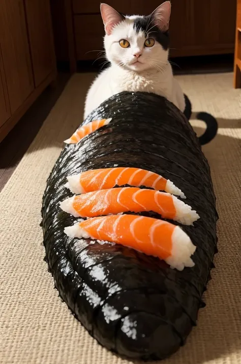 Scary cat with a big sushi on his back