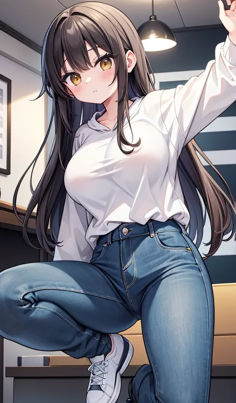 １older sister、Dark brown straight hair、Golden Eyes、17歳のolder sister、Sharp Eyes、Grey and white hoodie jumper、Grey Jeans、Black sneakers、Have acrobatic movements、Under her jersey she wears a white T-shirt that reveals her very large breasts.、ボン・キュッ・ボンの身体突きをした...