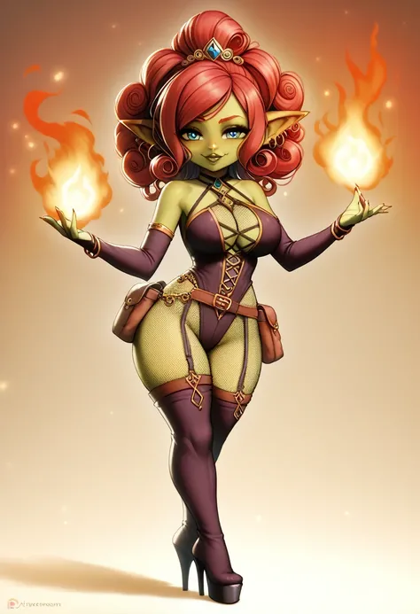 Girl, goblin girl, goblin, green skin, short, short stature,long hair, red hair, curly hair, large breasts, long gloves, thigh boots, pouty lips, masterpiece, best quality, sexy, dynamic pose, 8k, shortstack, sfw, shiny, fantasy, dungeons and dragons, high...